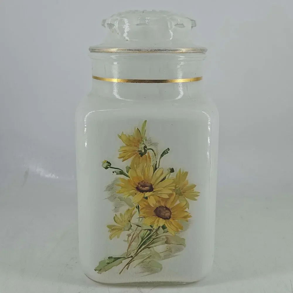 Vintage mid century white glass apothecary vanity jar daisy sunflower transfer